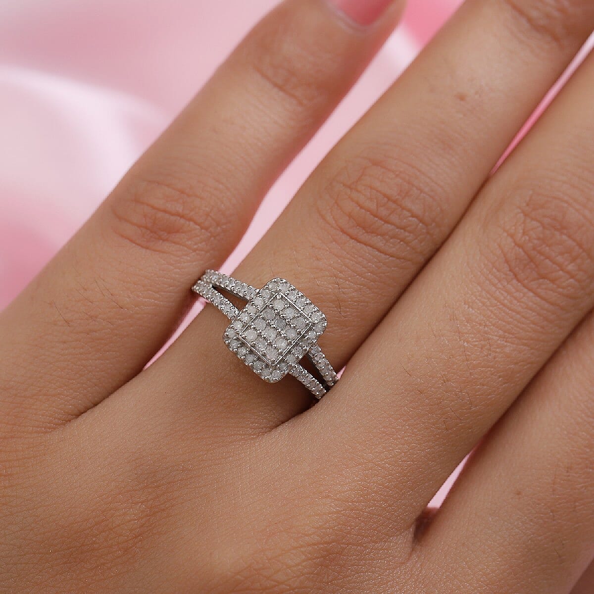 Natural Diamond Ring in Platinum Overlay Sterling Silver 0.50 Ct.