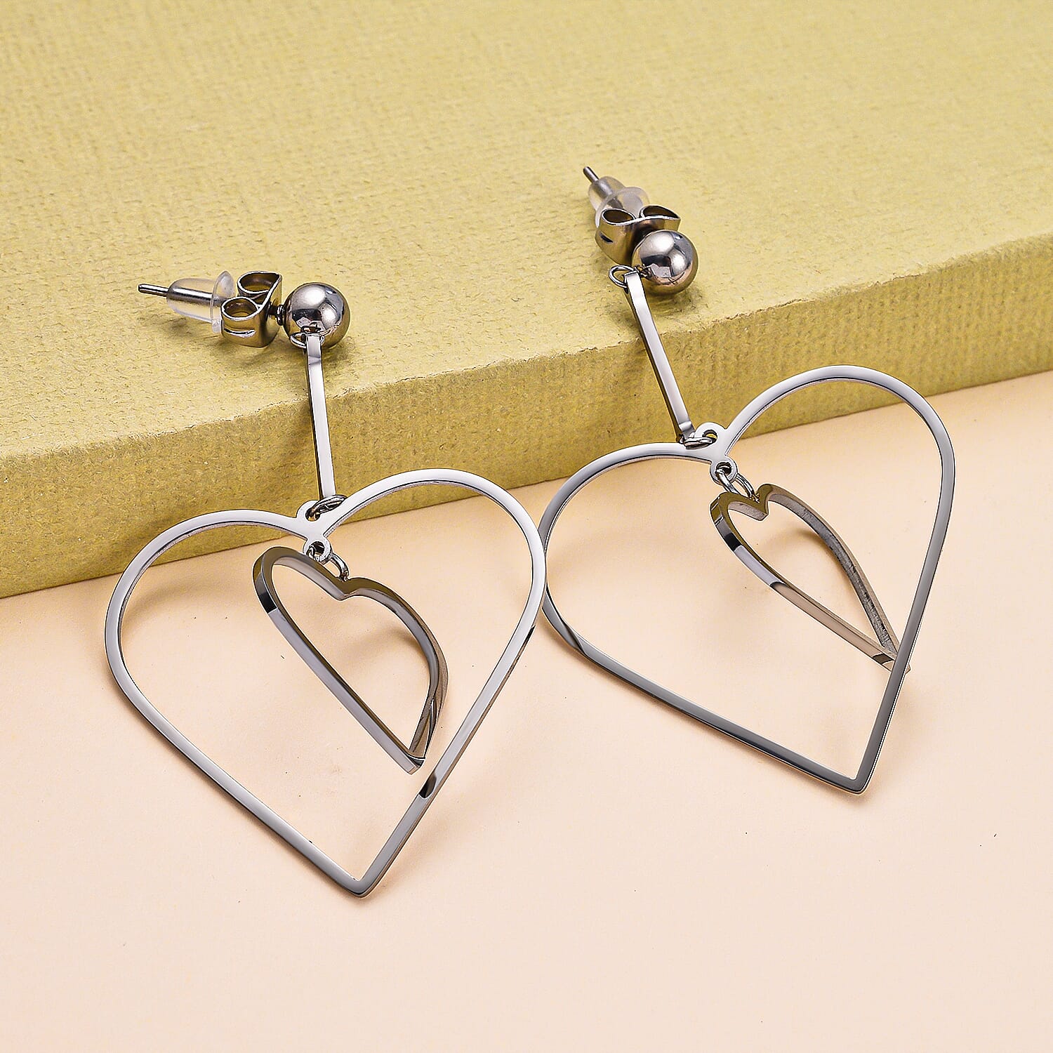 Heart Dangling Earrings (With Push Back) in Stainless Steel