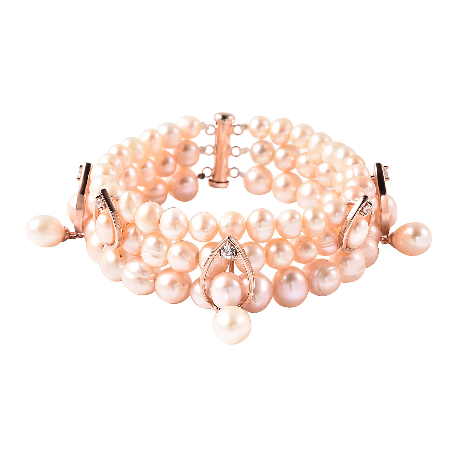LucyQ Pearl Drop Collection - Pink Freshwater Pearl, Natural Cambodian Zircon Three Layer Bracelet (Size 7.5) in Rose Gold Overlay Sterling Silver