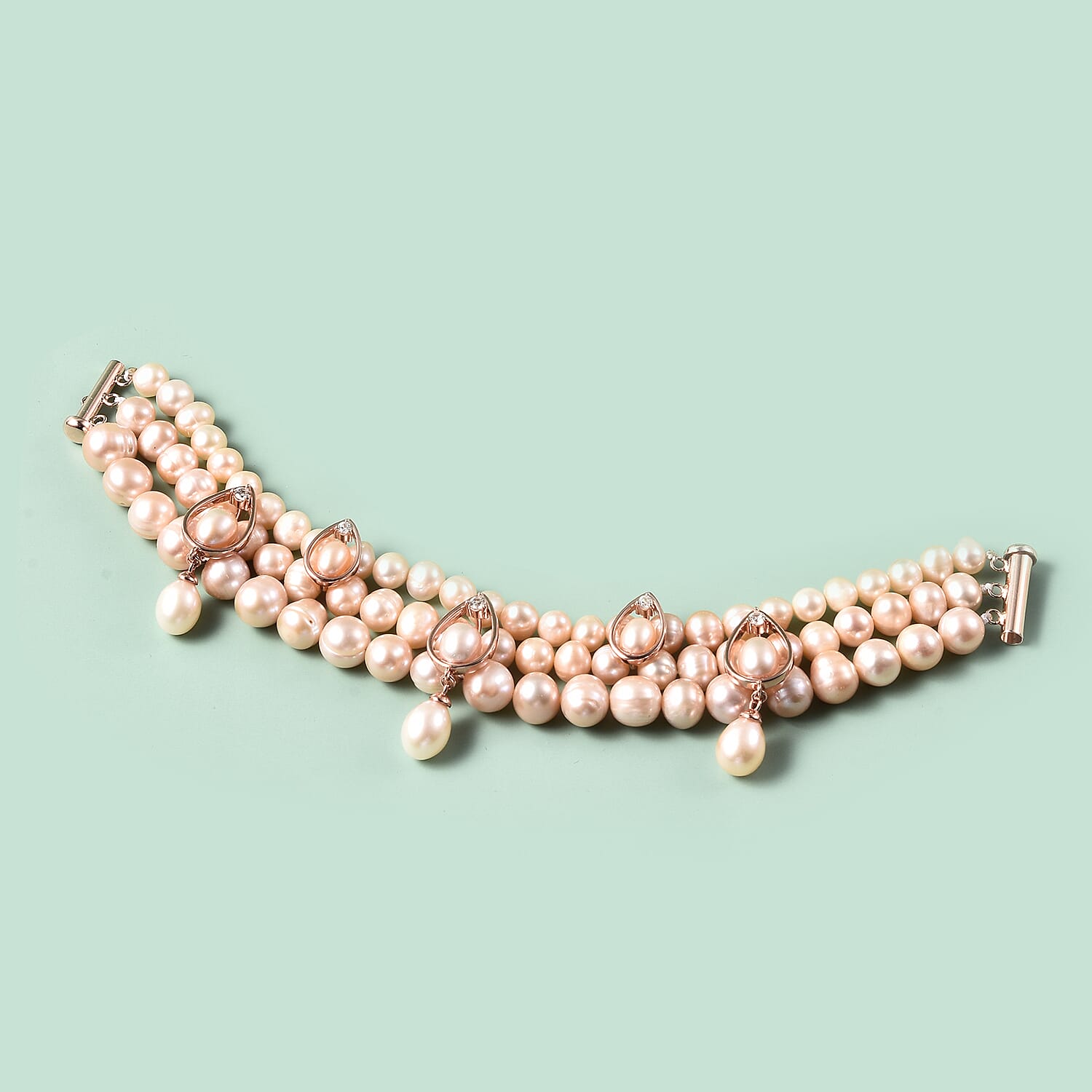 LucyQ Pearl Drop Collection - Pink Freshwater Pearl, Natural Cambodian Zircon Three Layer Bracelet (Size 7.5) in Rose Gold Overlay Sterling Silver