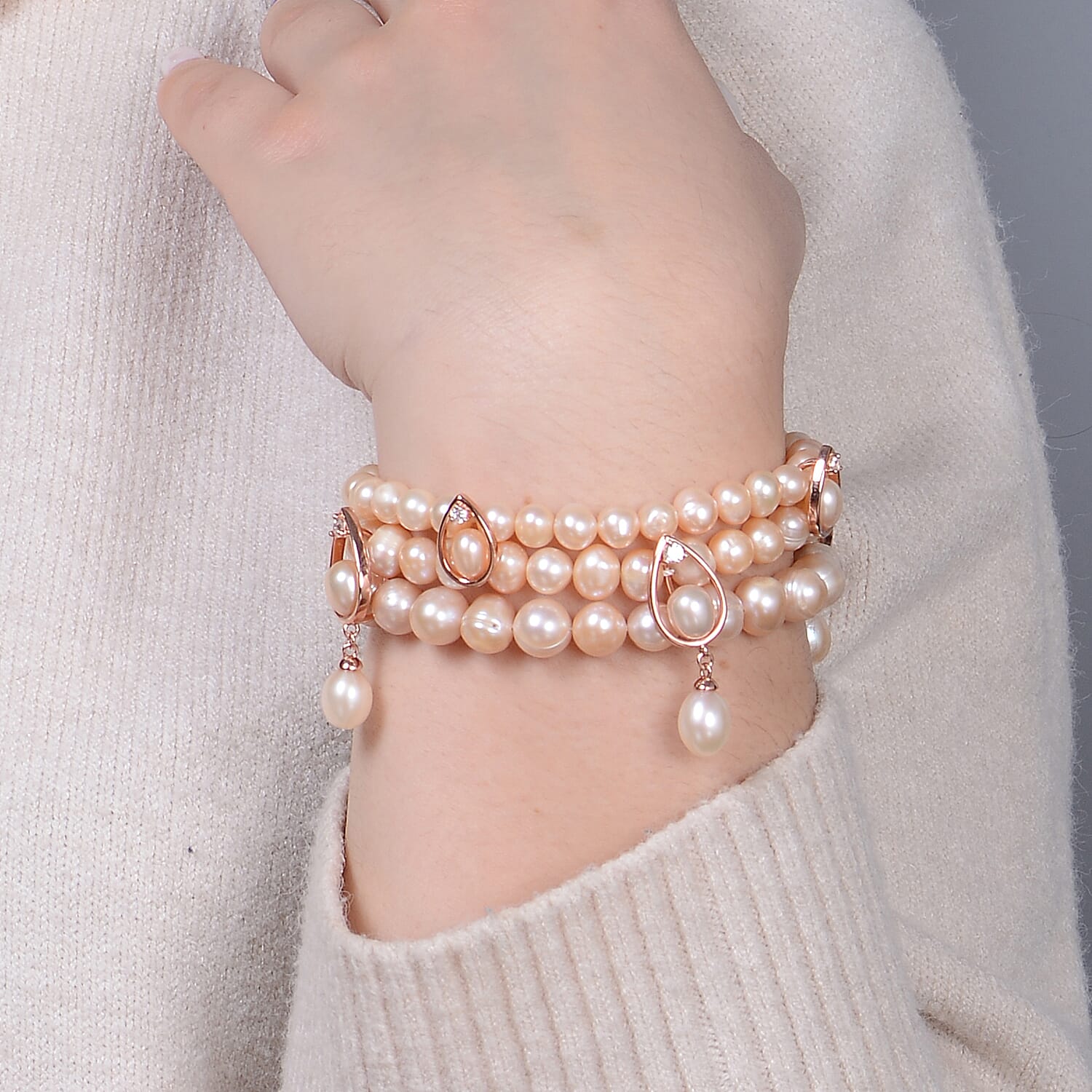 LucyQ Pearl Drop Collection - Pink Freshwater Pearl, Natural Cambodian Zircon Three Layer Bracelet (Size 7.5) in Rose Gold Overlay Sterling Silver
