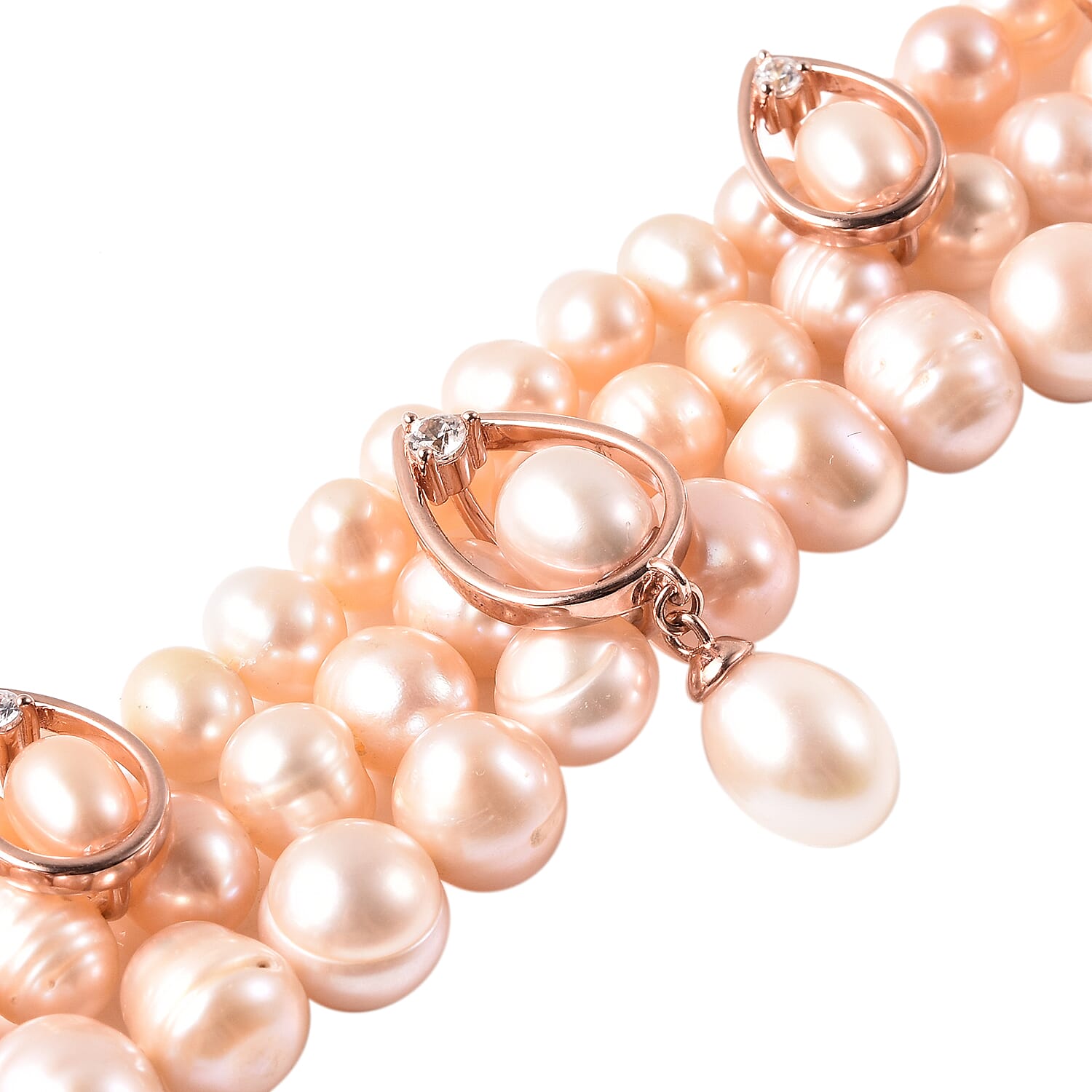 LucyQ Pearl Drop Collection - Pink Freshwater Pearl, Natural Cambodian Zircon Three Layer Bracelet (Size 7.5) in Rose Gold Overlay Sterling Silver