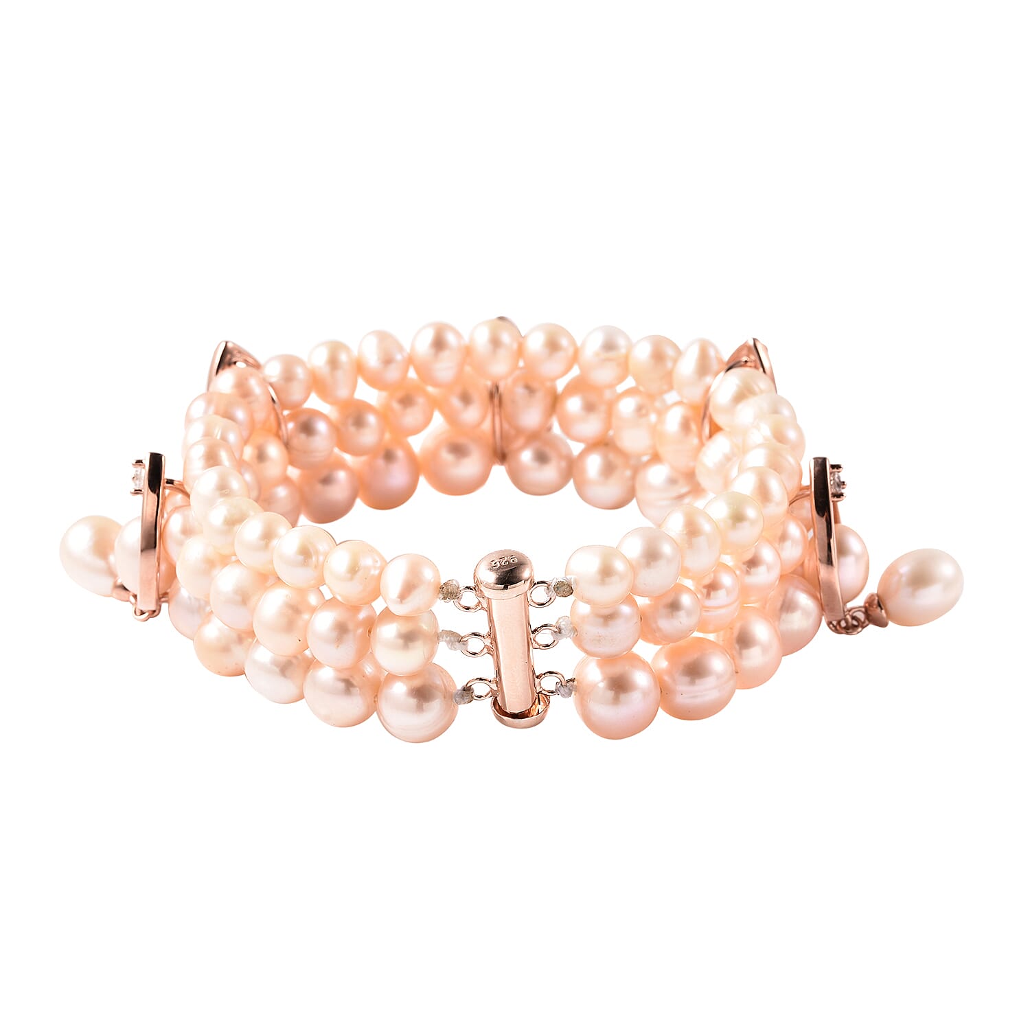 LucyQ Pearl Drop Collection - Pink Freshwater Pearl, Natural Cambodian Zircon Three Layer Bracelet (Size 7.5) in Rose Gold Overlay Sterling Silver