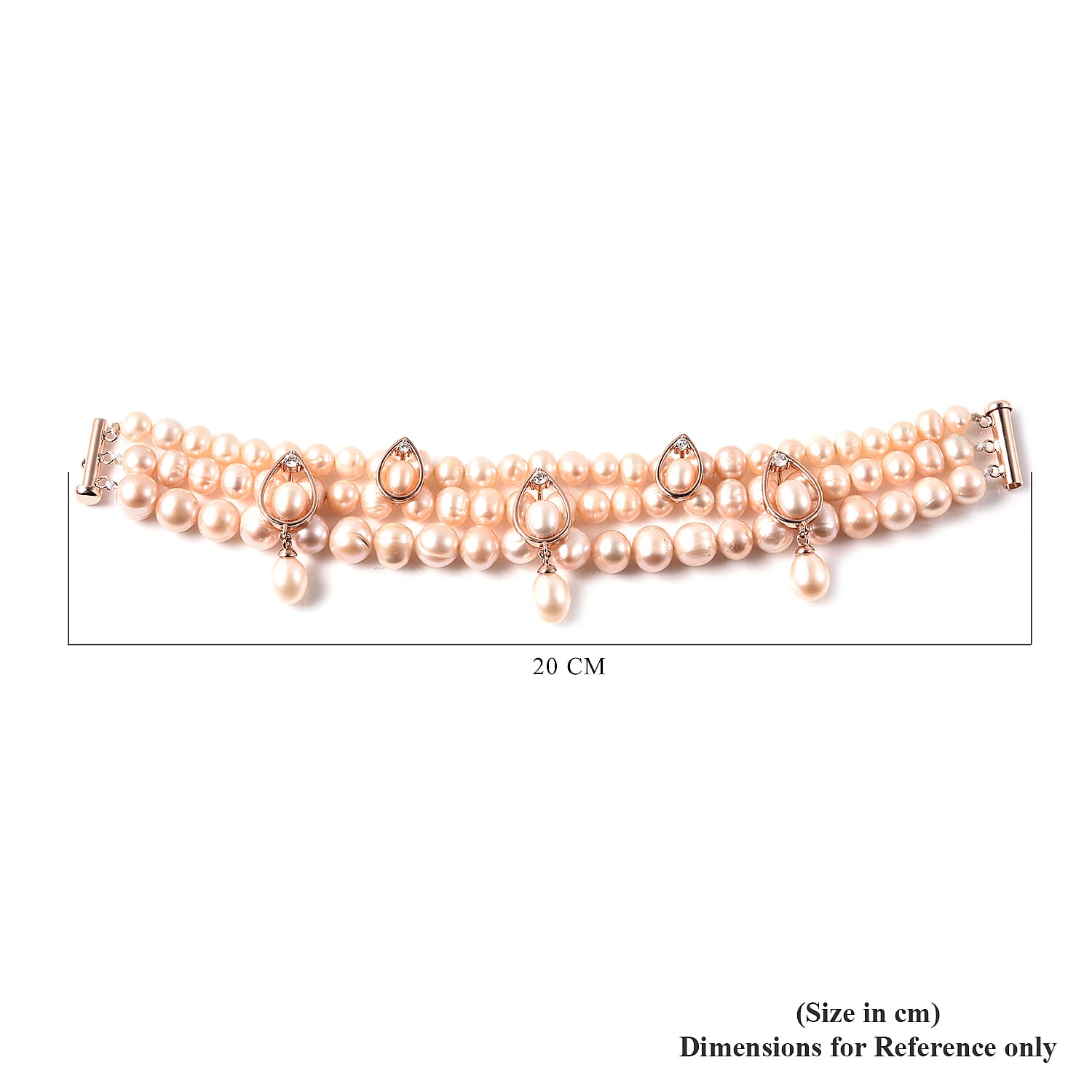 LucyQ Pearl Drop Collection - Pink Freshwater Pearl, Natural Cambodian Zircon Three Layer Bracelet (Size 7.5) in Rose Gold Overlay Sterling Silver