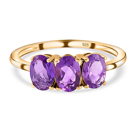 Amethyst 3 Stone Ring in 18K Vermeil Yellow Gold Plated Sterling Silver 1.25 Ct.