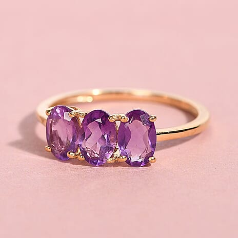 Amethyst 3 Stone Ring in 18K Vermeil Yellow Gold Plated Sterling Silver 1.25 Ct.