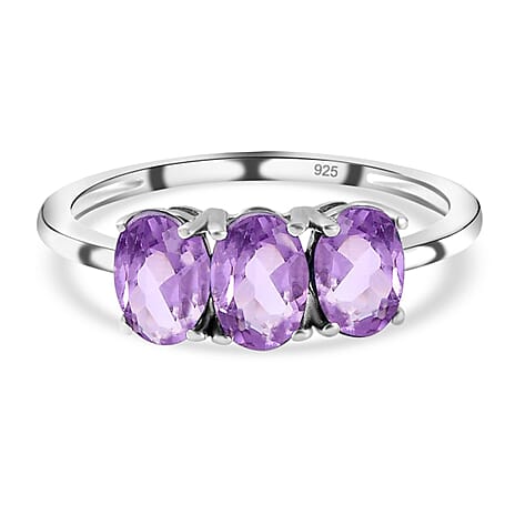 Amethyst 3 Stone Ring in Platinum Overlay Sterling Silver 1.22 Ct.
