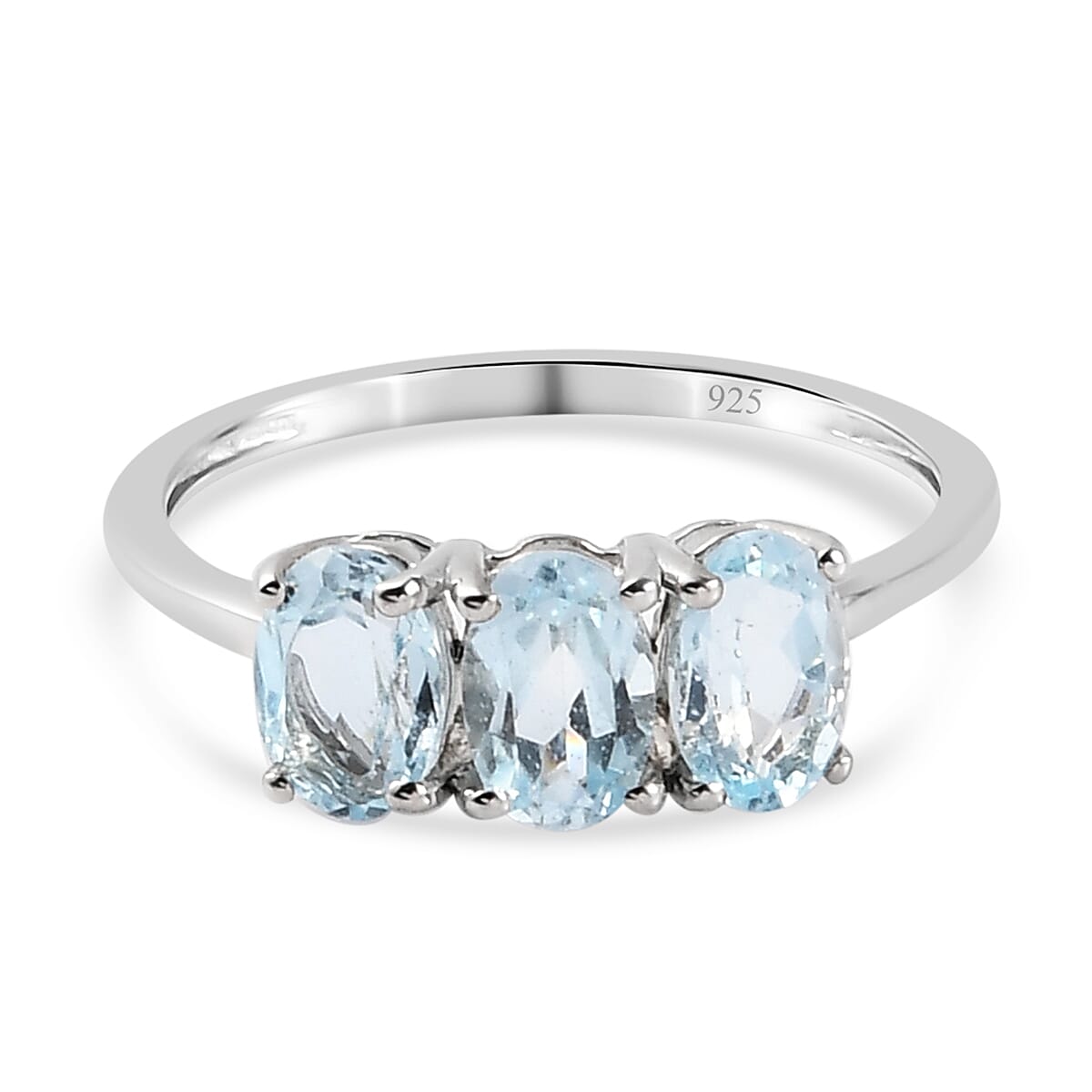 Sky Blue Topaz  3 Stone Ring in Platinum Overlay Sterling Silver 1.68 Ct.