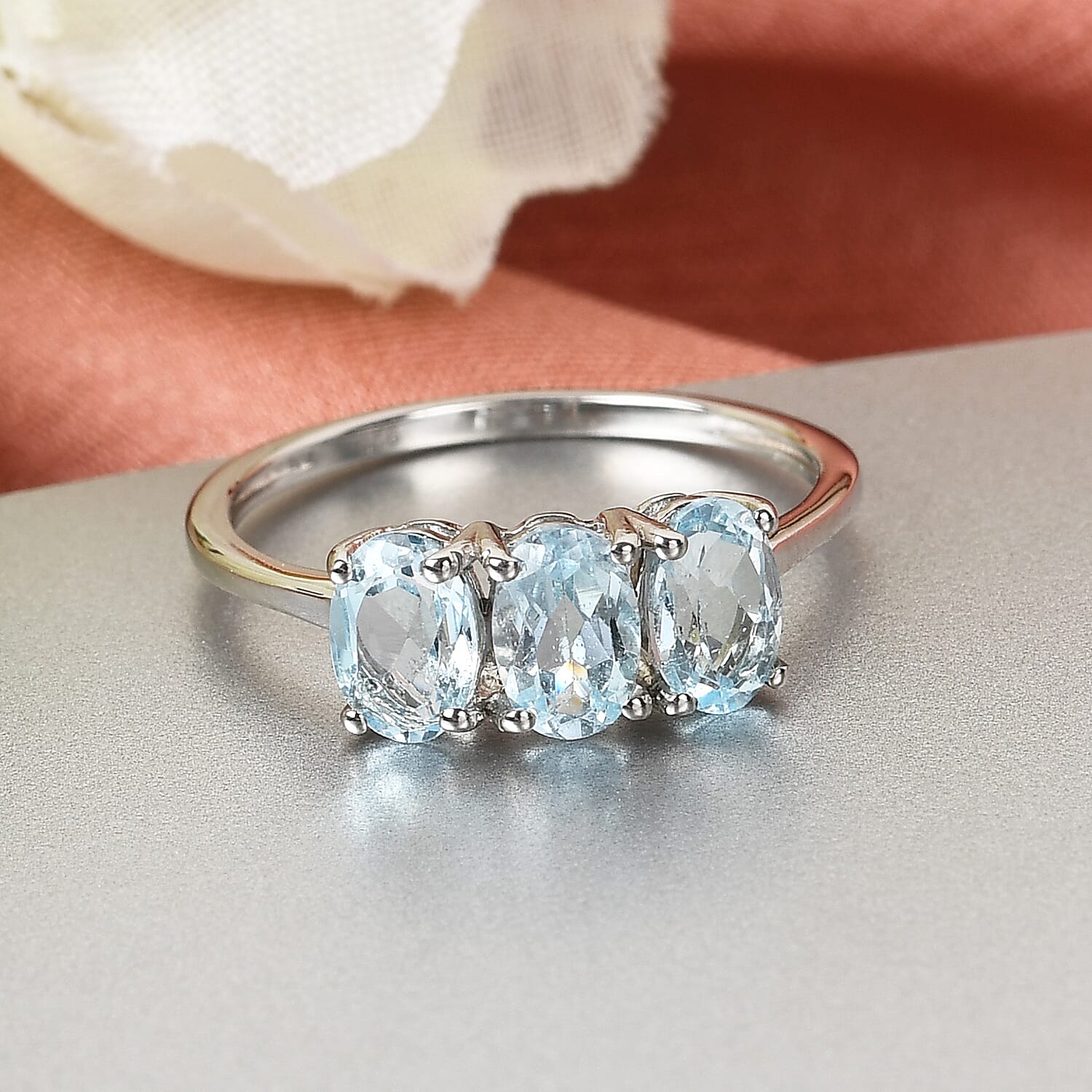 Sky Blue Topaz  3 Stone Ring in Platinum Overlay Sterling Silver 1.68 Ct.