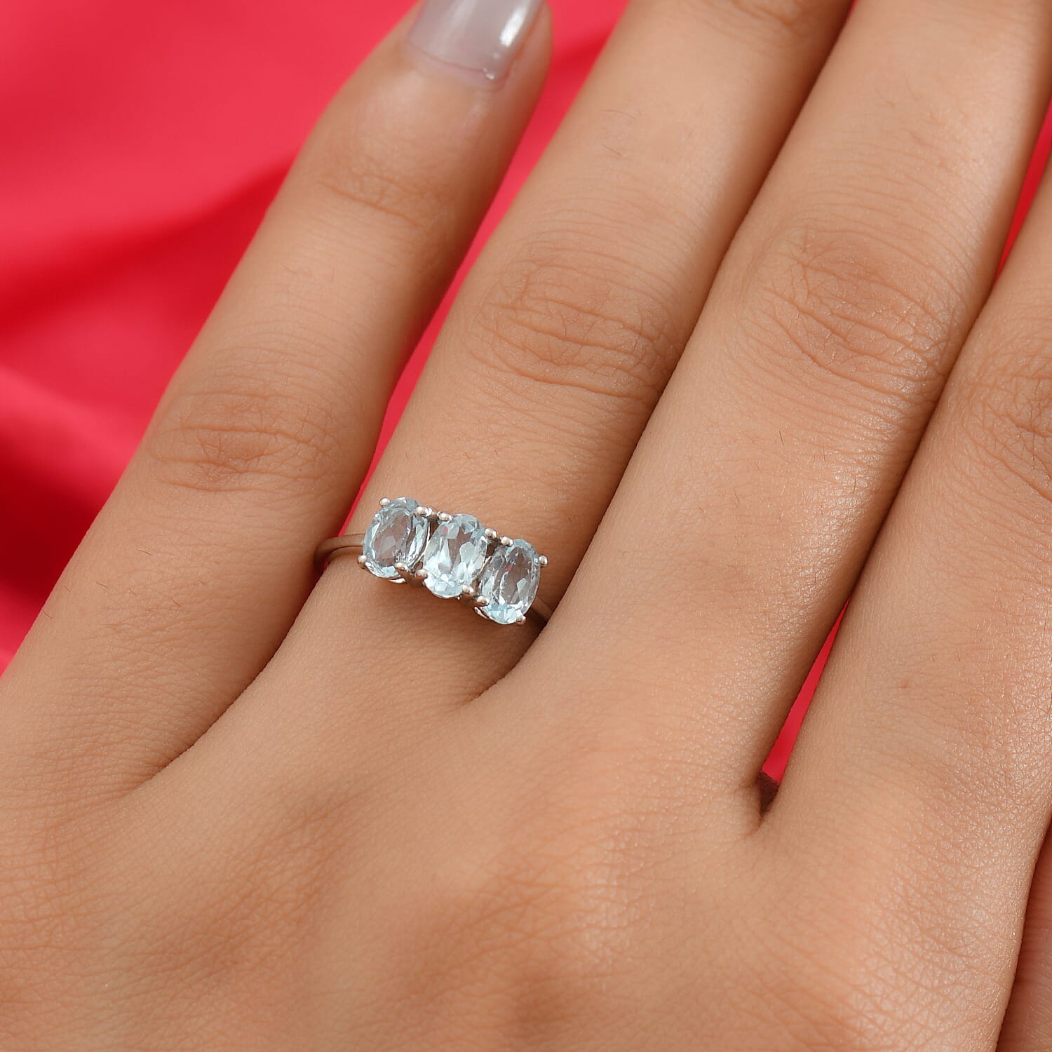 Sky Blue Topaz  3 Stone Ring in Platinum Overlay Sterling Silver 1.68 Ct.