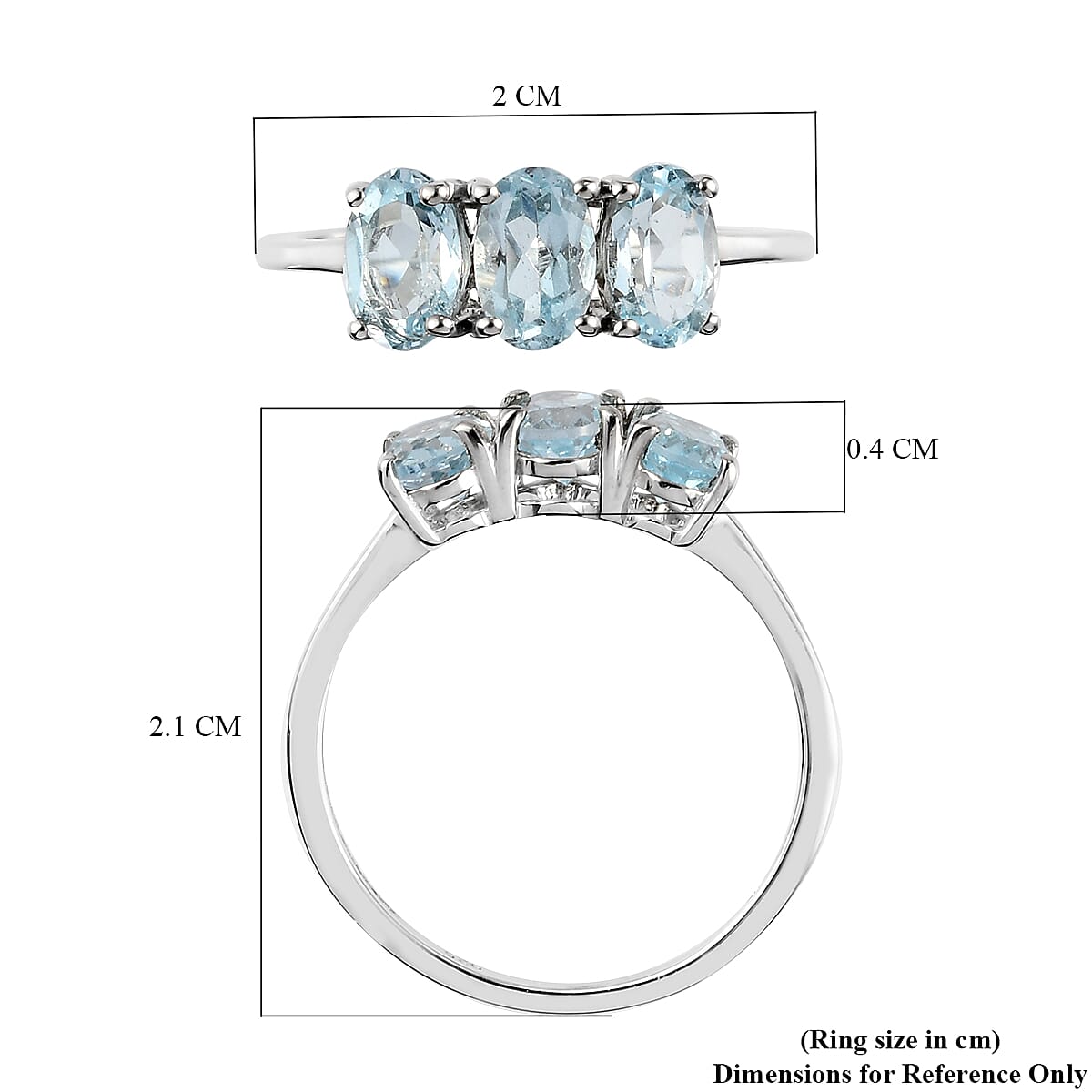 Sky Blue Topaz  3 Stone Ring in Platinum Overlay Sterling Silver 1.68 Ct.