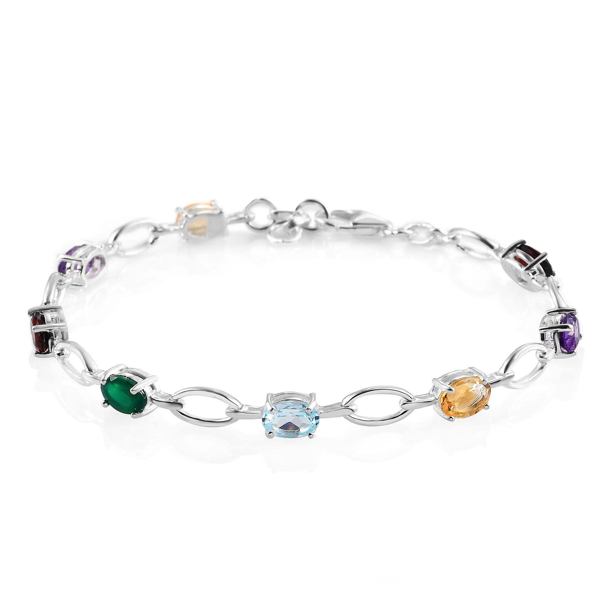 Multi Gemstone Link Bracelet (Size - 8) in Sterling Silver.