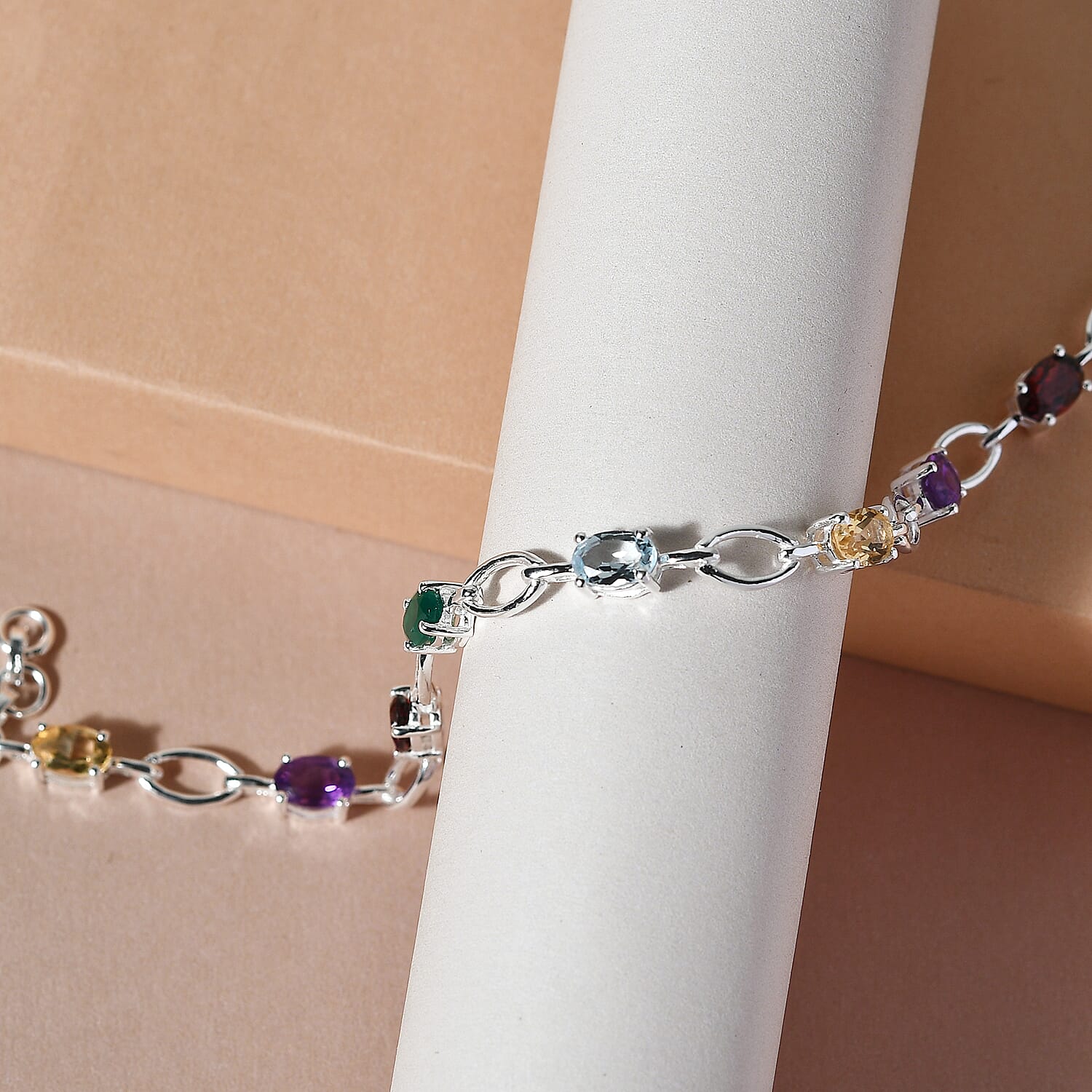 Multi Gemstone Link Bracelet (Size - 8) in Sterling Silver.