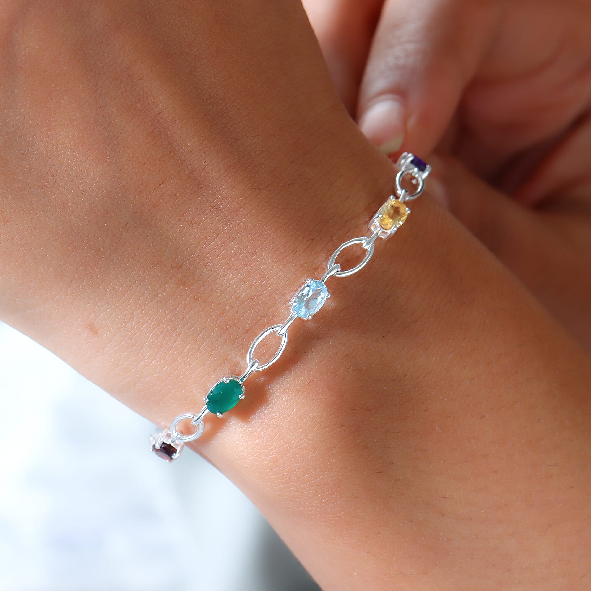 Multi Gemstone Link Bracelet (Size - 8) in Sterling Silver.