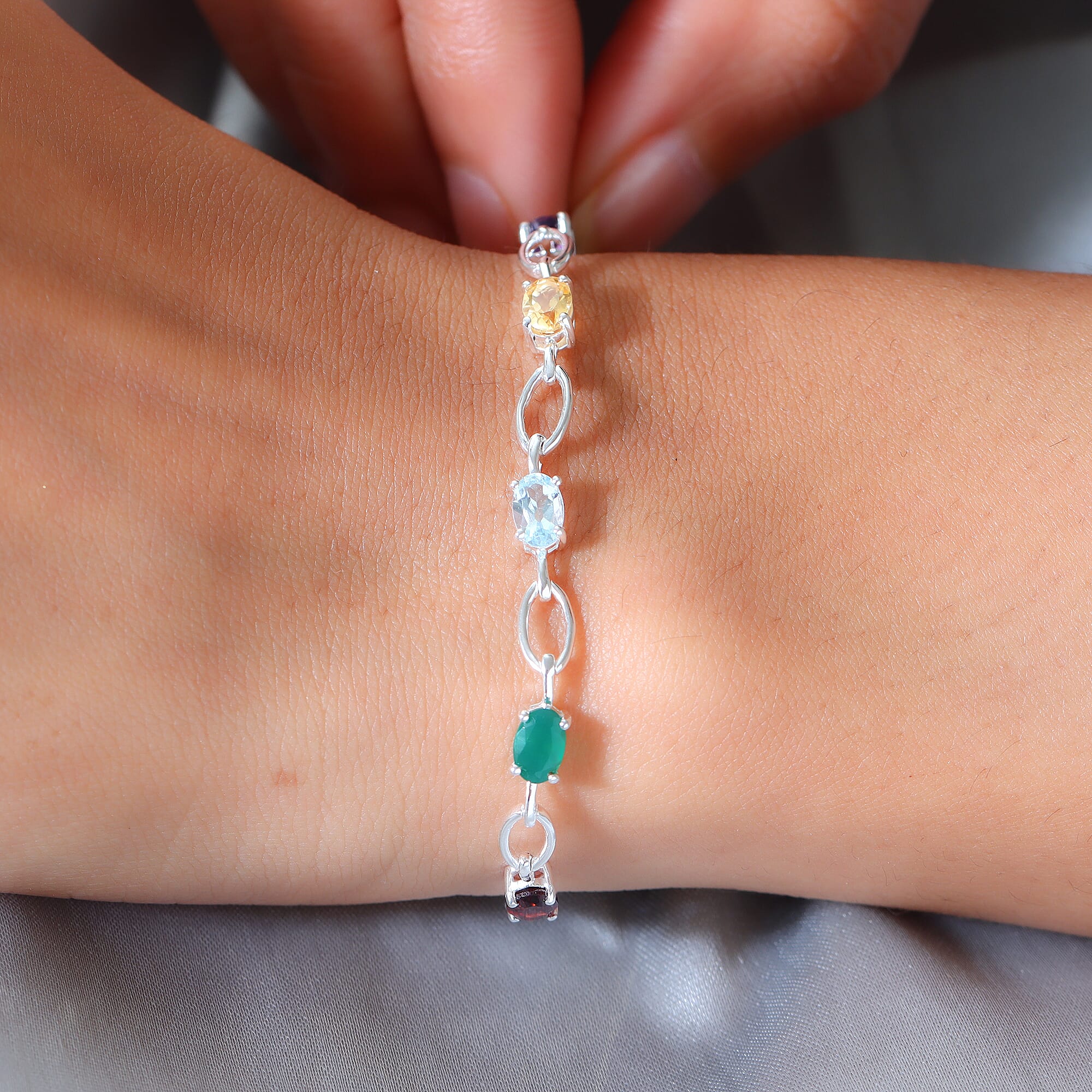 Multi Gemstone Link Bracelet (Size - 8) in Sterling Silver.