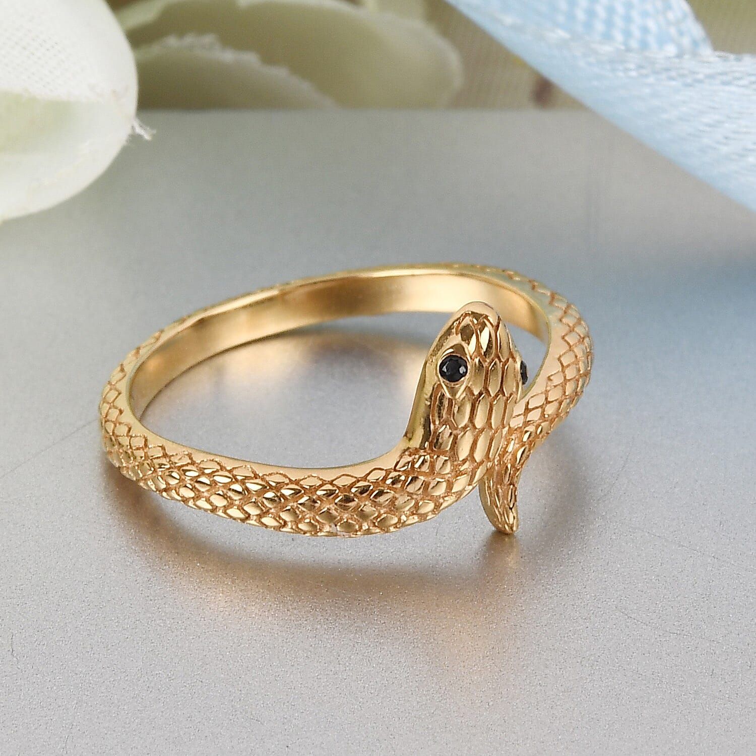 Black Spinel Snake Ring in 14K Gold Overlay Sterling Silver