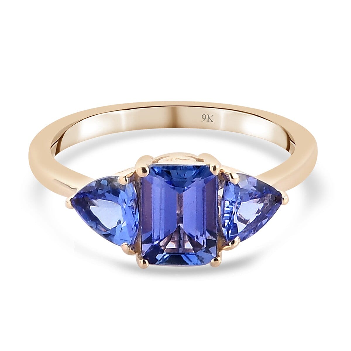 One Time Deal-9K Yellow Gold AAA Tanzanite Trilogy Ring 1.89 Ct.