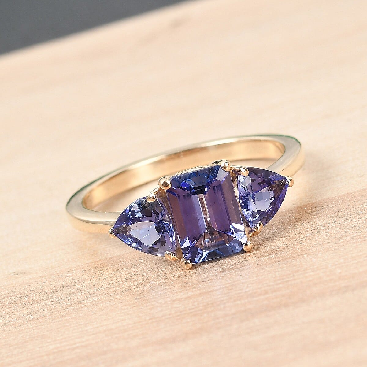 One Time Deal-9K Yellow Gold AAA Tanzanite Trilogy Ring 1.89 Ct.