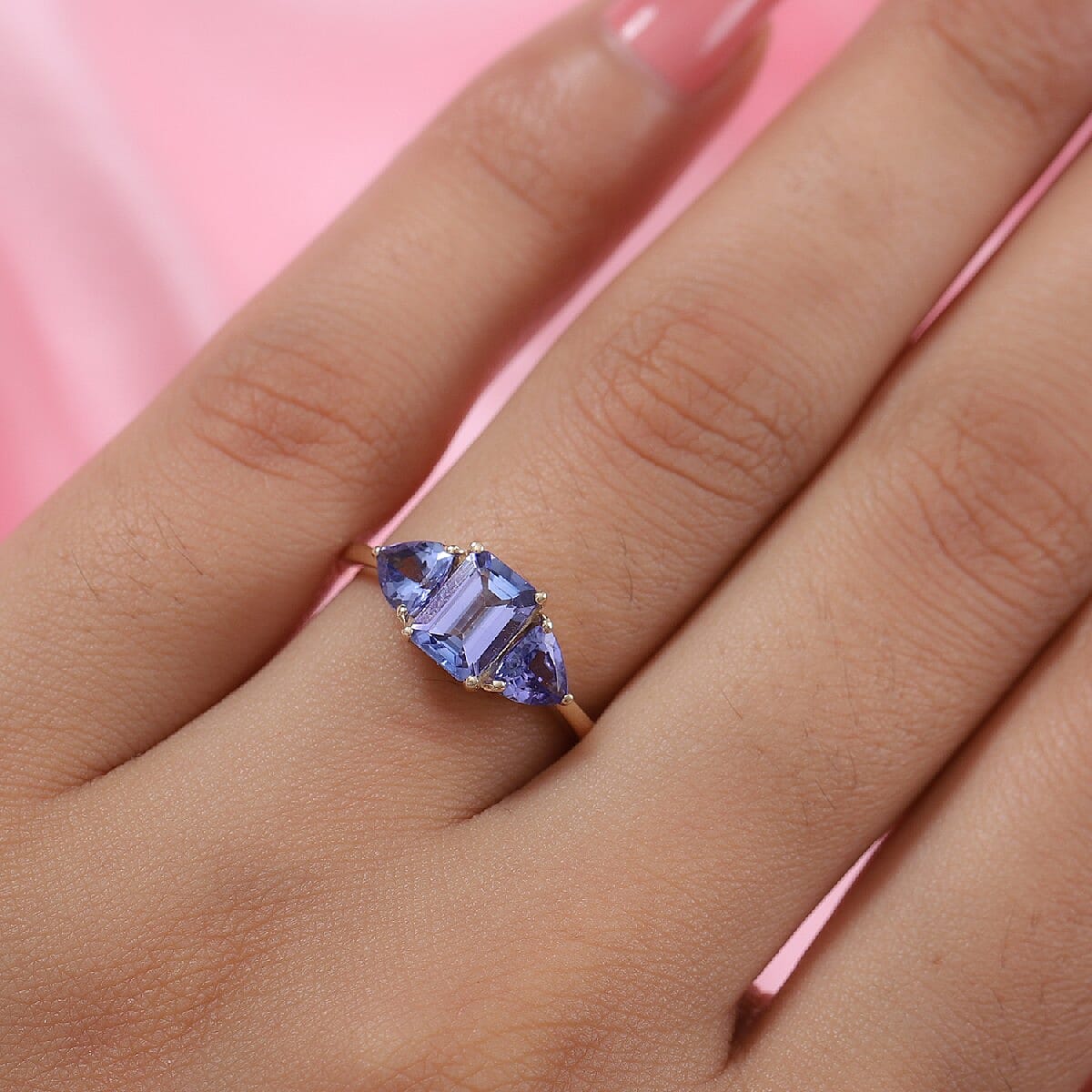 One Time Deal-9K Yellow Gold AAA Tanzanite Trilogy Ring 1.89 Ct.