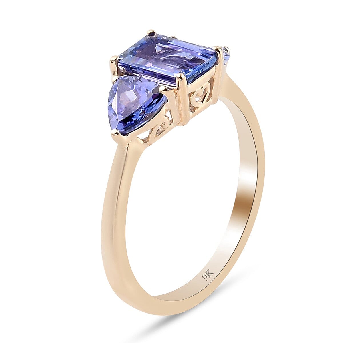 One Time Deal-9K Yellow Gold AAA Tanzanite Trilogy Ring 1.89 Ct.