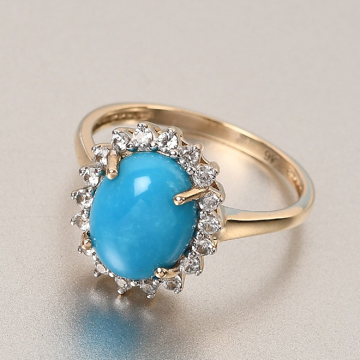 9K Yellow Gold AAA Arizona Sleeping Beauty Turquoise and Natural Cambodian Zircon Ring 2.75 Ct.