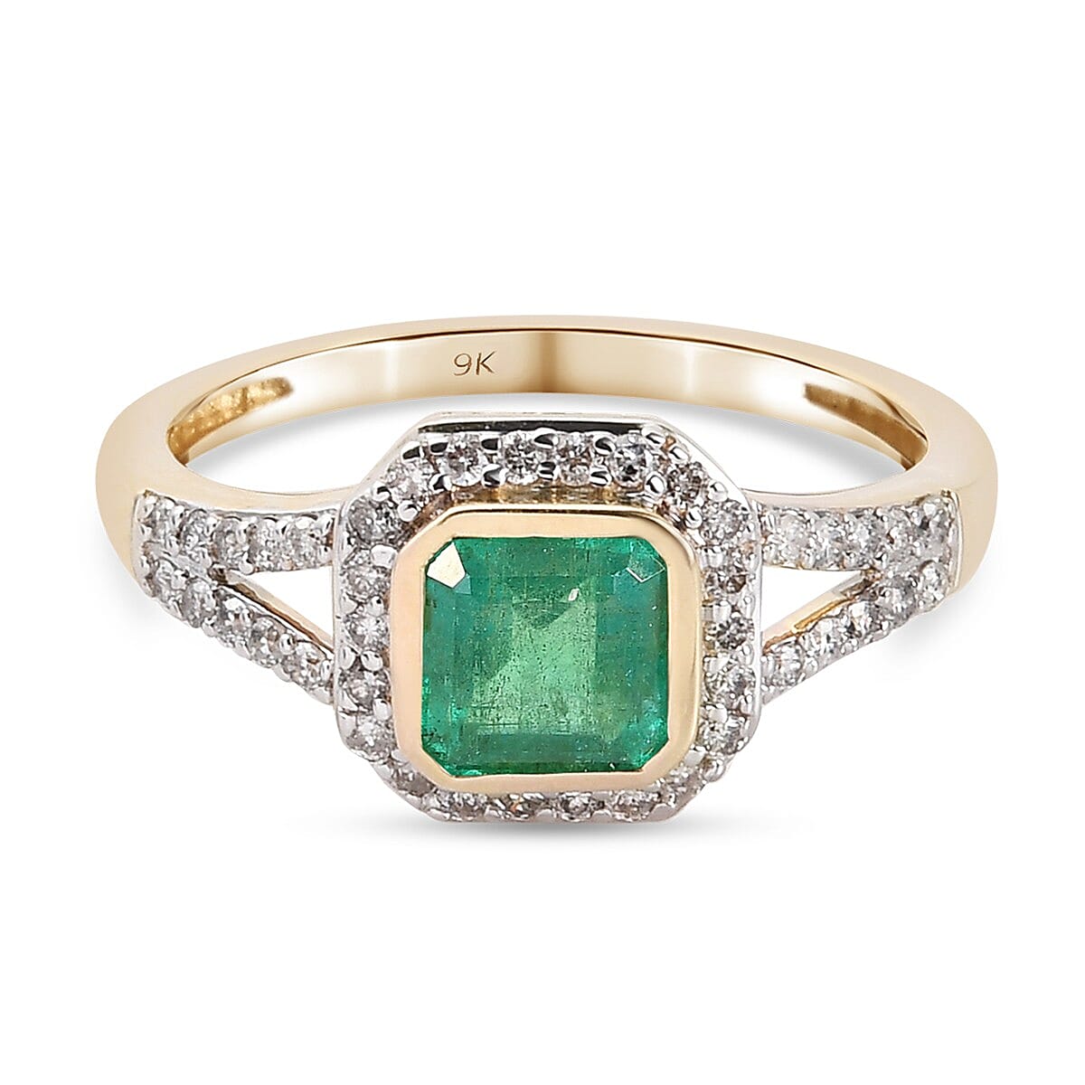 9K Yellow Gold  Zambian Emerald and Diamond Ring 1.12 Ct.