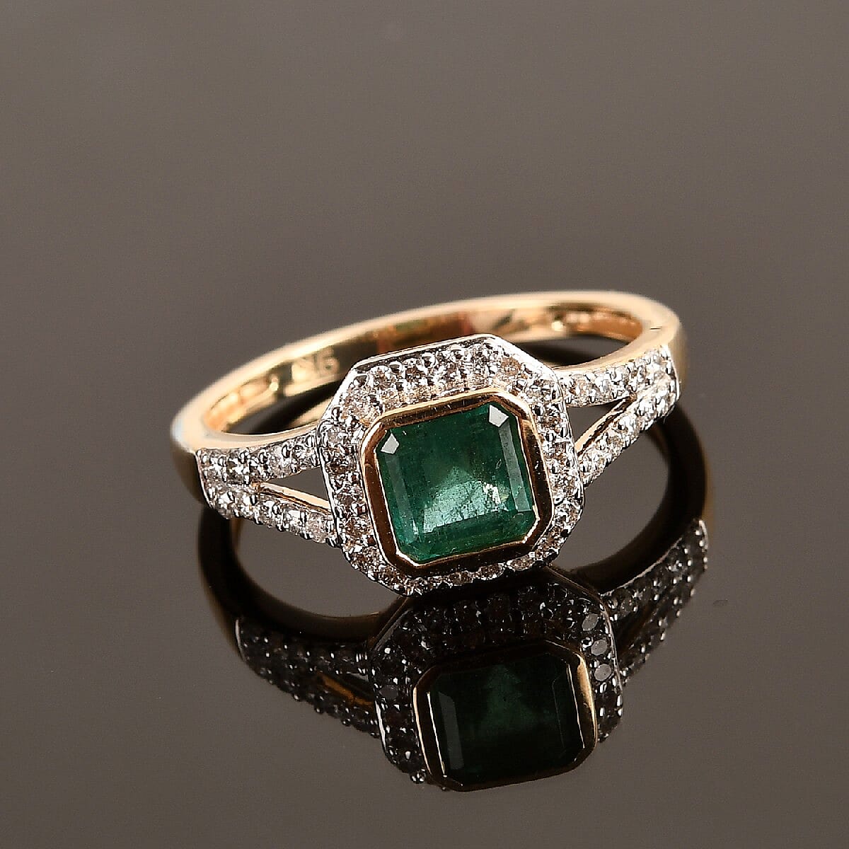 9K Yellow Gold  Zambian Emerald and Diamond Ring 1.12 Ct.