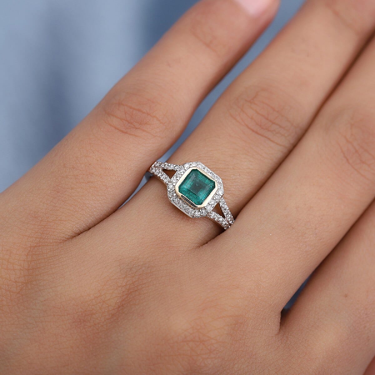 9K Yellow Gold  Zambian Emerald and Diamond Ring 1.12 Ct.