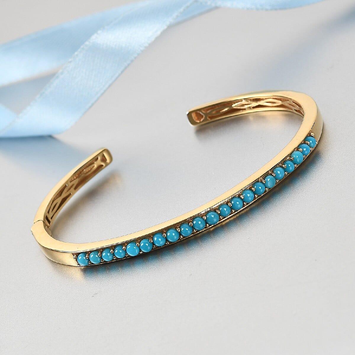 Arizona Sleeping Beauty Turquoise Cuff Bangle (Size 7.5) in 14K Gold Overlay Sterling Silver 2.750 Ct, Silver wt 17.45 Gms