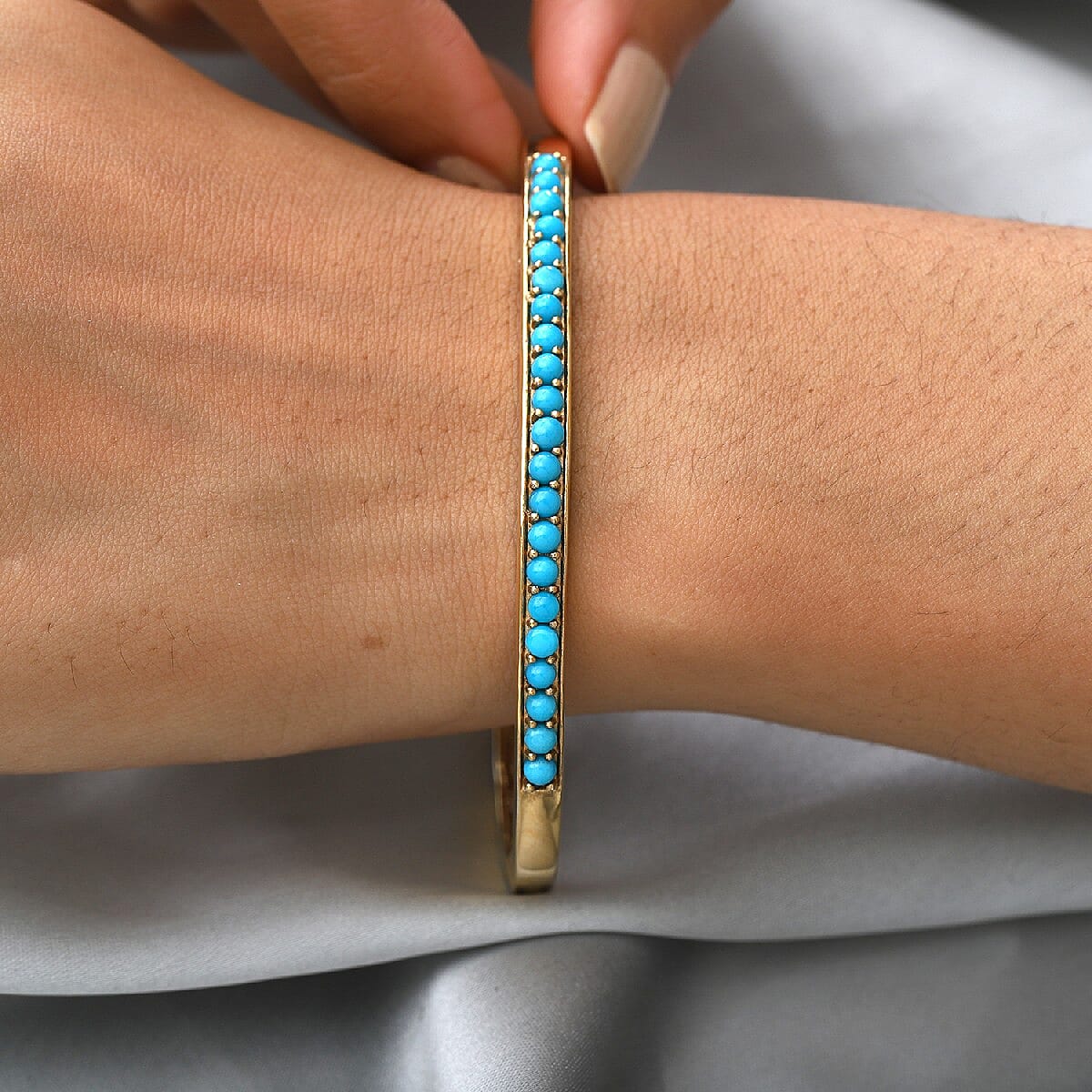 Arizona Sleeping Beauty Turquoise Cuff Bangle (Size 7.5) in 14K Gold Overlay Sterling Silver 2.750 Ct, Silver wt 17.45 Gms