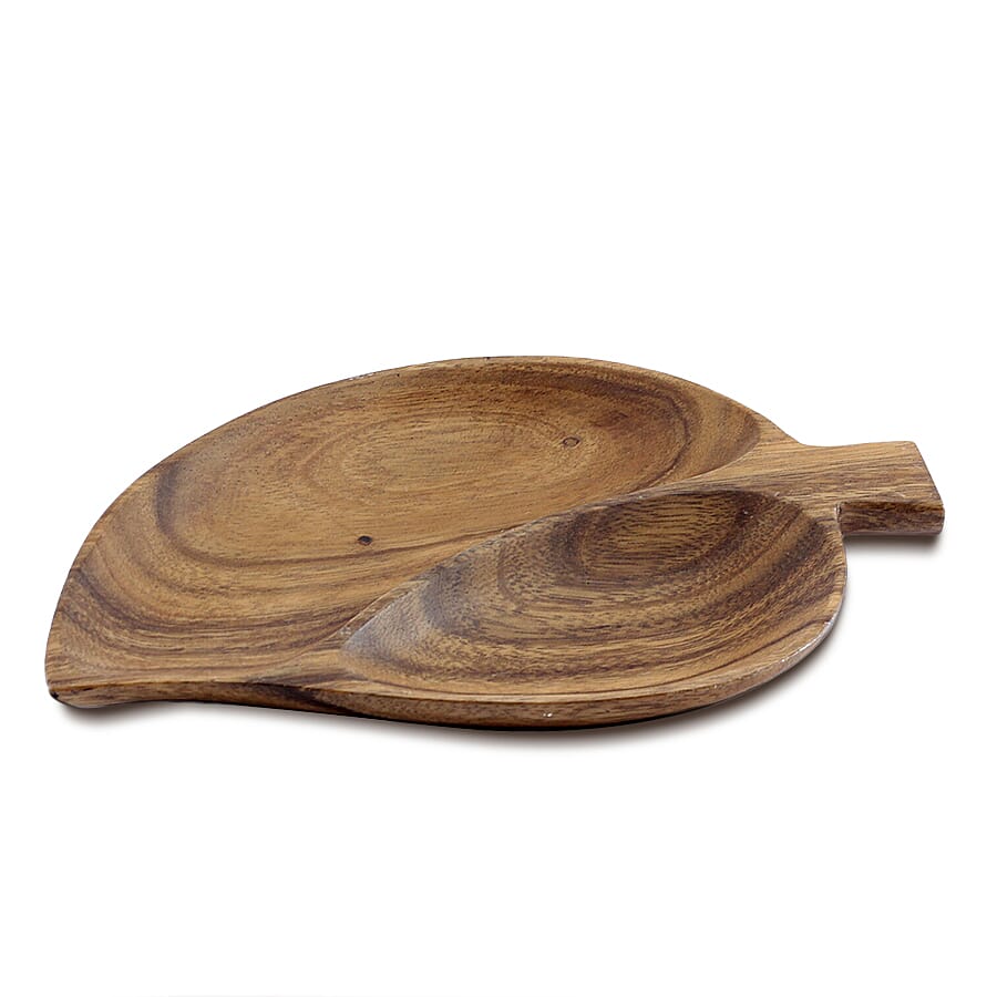 Handmade Wood Leaf Tray with 2 Compartment (Size 26x18x3Cm)