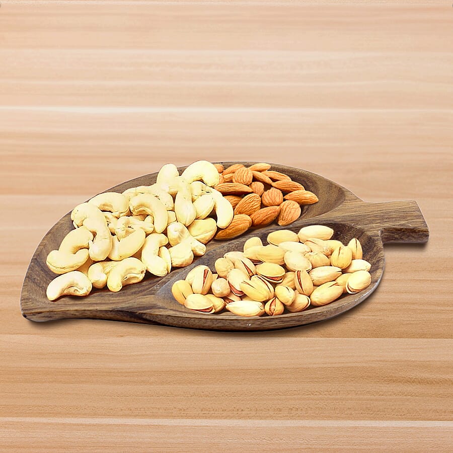 Handmade Wood Leaf Tray with 2 Compartment (Size 26x18x3Cm)