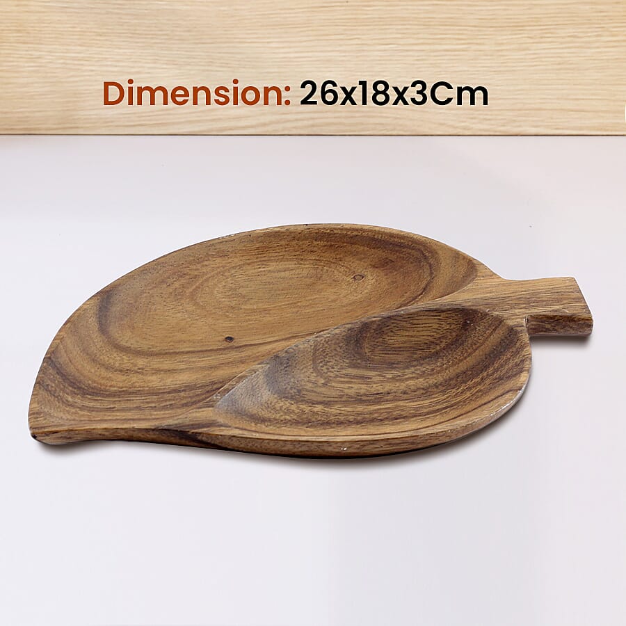 Handmade Wood Leaf Tray with 2 Compartment (Size 26x18x3Cm)