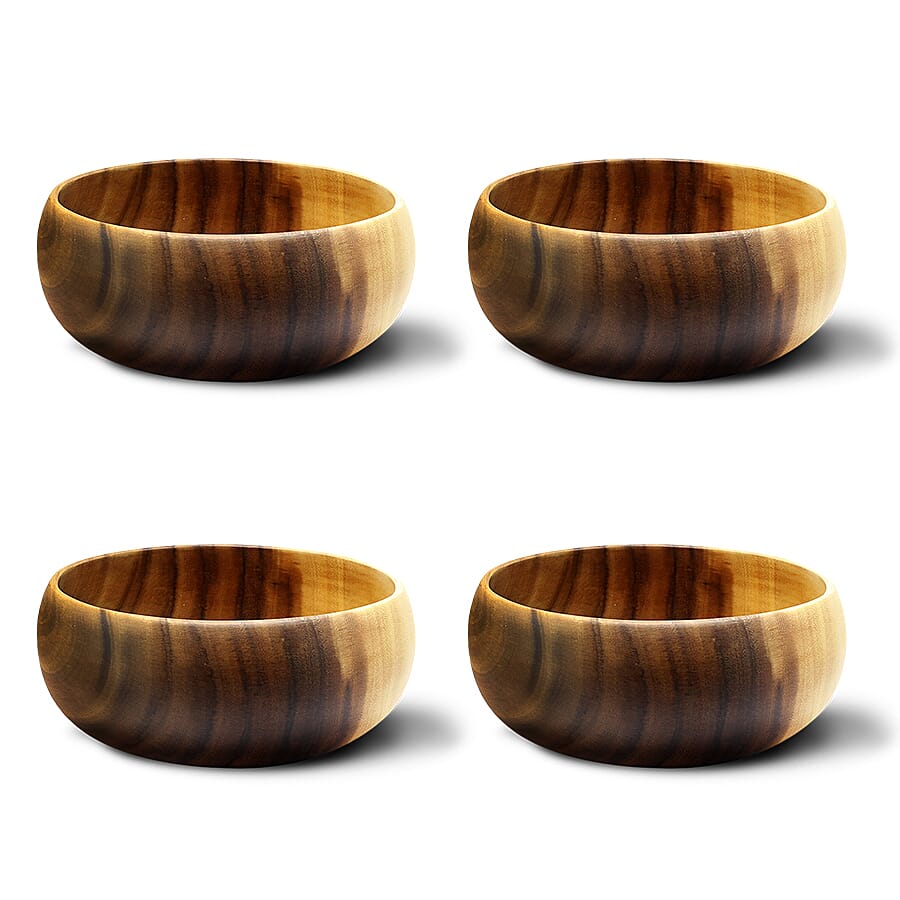 Nakkashi - Set of 4 - Handmade Wood Round Curved Bowl (Size 10x10x4Cm)