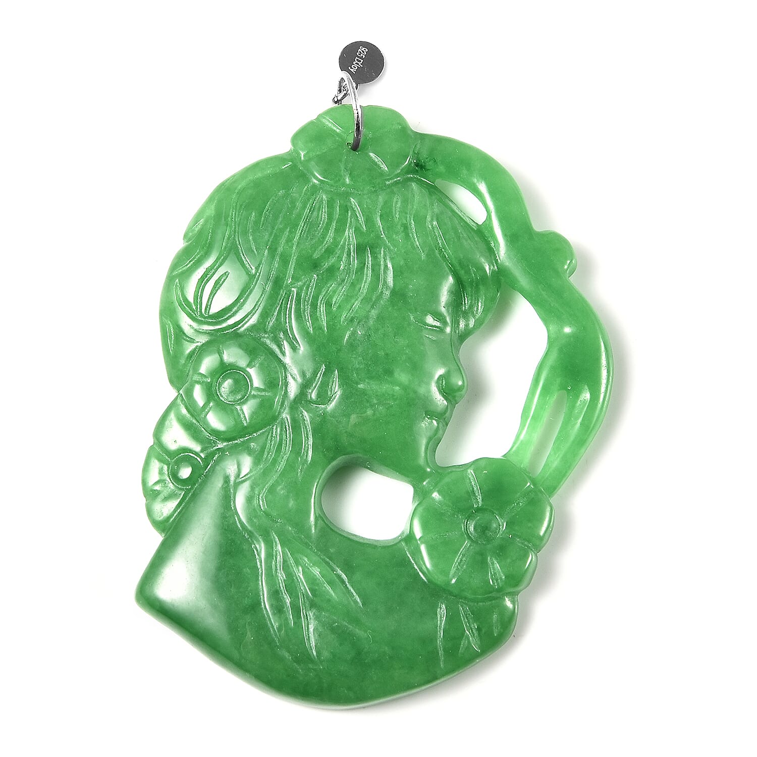 Carved Green Jade Cameo Pendant in Rhodium Overlay Sterling Silver 95.00 Ct.