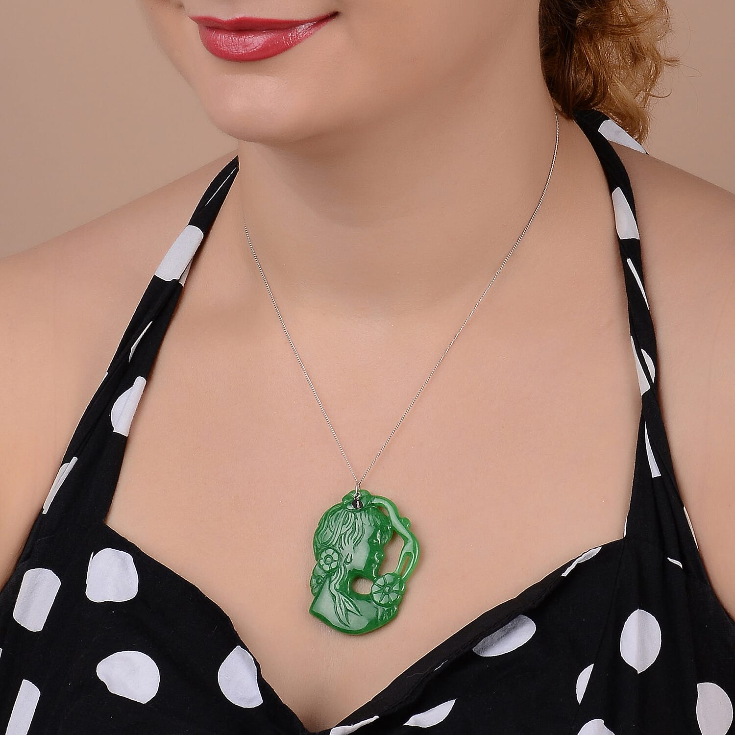 Carved Green Jade Cameo Pendant in Rhodium Overlay Sterling Silver 95.00 Ct.
