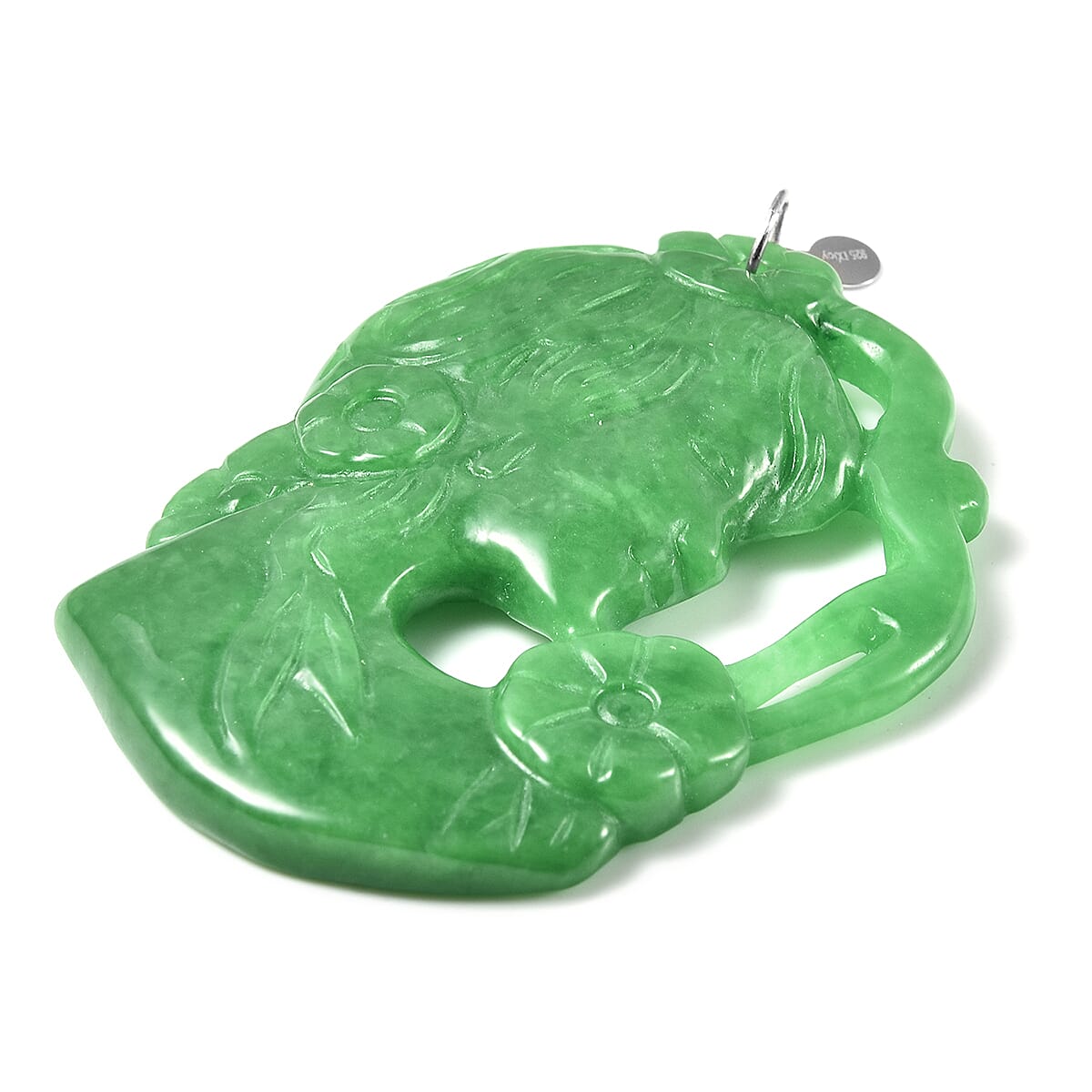 Carved Green Jade Cameo Pendant in Rhodium Overlay Sterling Silver 95.00 Ct.