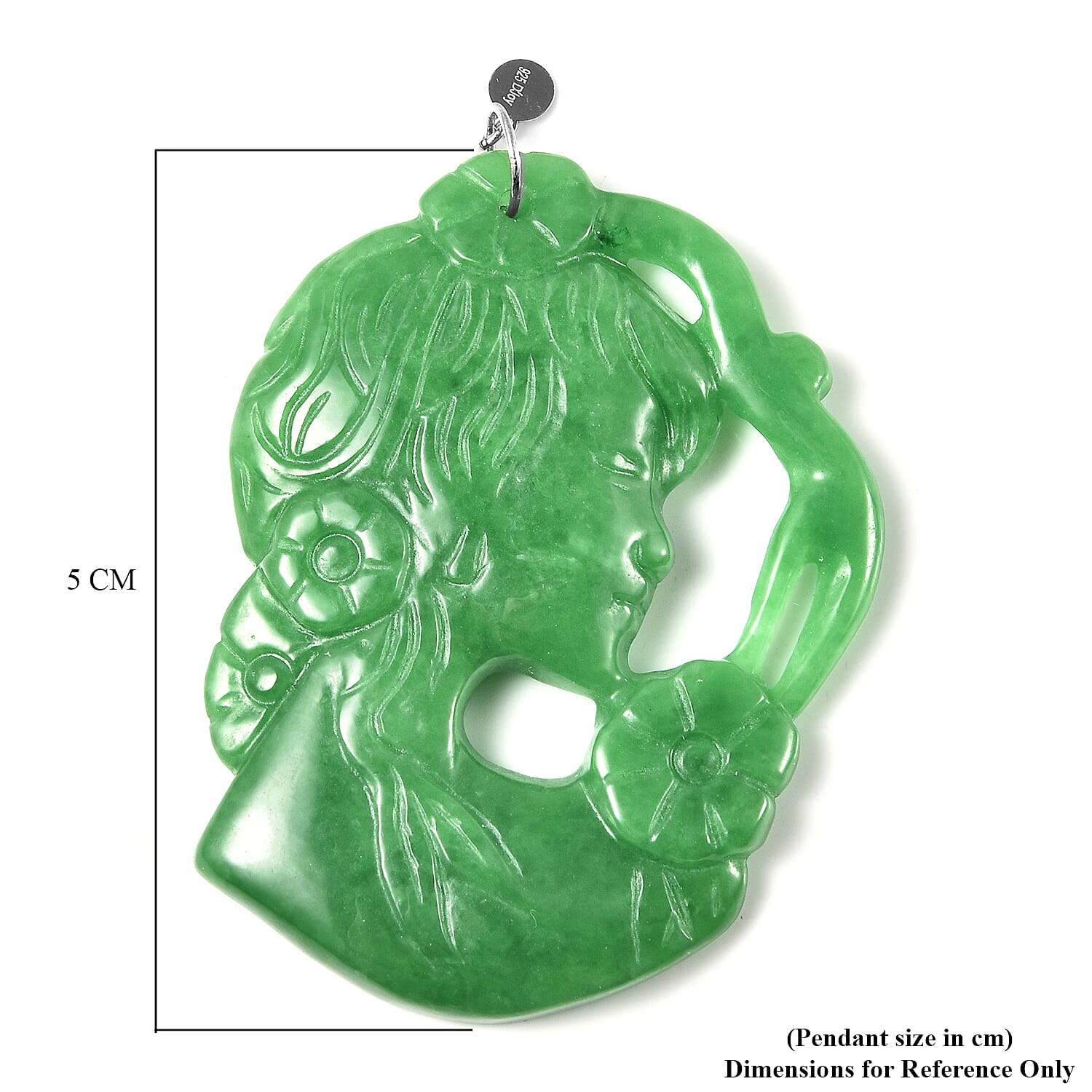 Carved Green Jade Cameo Pendant in Rhodium Overlay Sterling Silver 95.00 Ct.