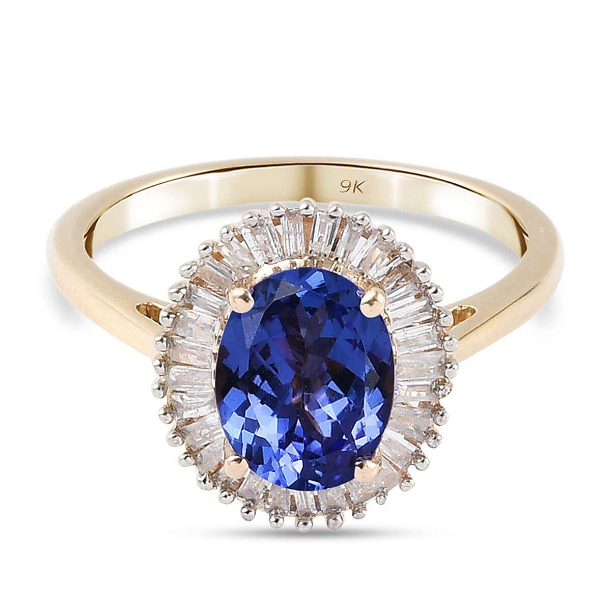 9K Yellow Gold Tanzanite and Diamond Halo Ring 1.75 Ct.
