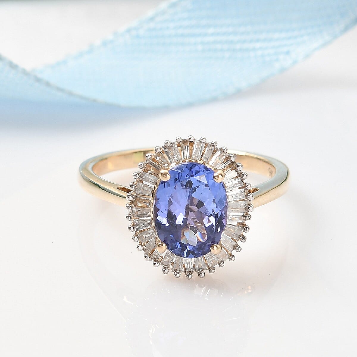 9K Yellow Gold Tanzanite and Diamond Halo Ring 1.75 Ct.