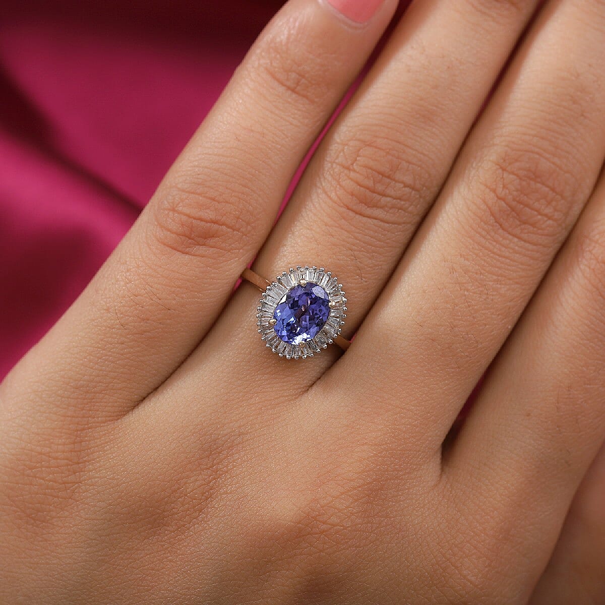 9K Yellow Gold Tanzanite and Diamond Halo Ring 1.75 Ct.