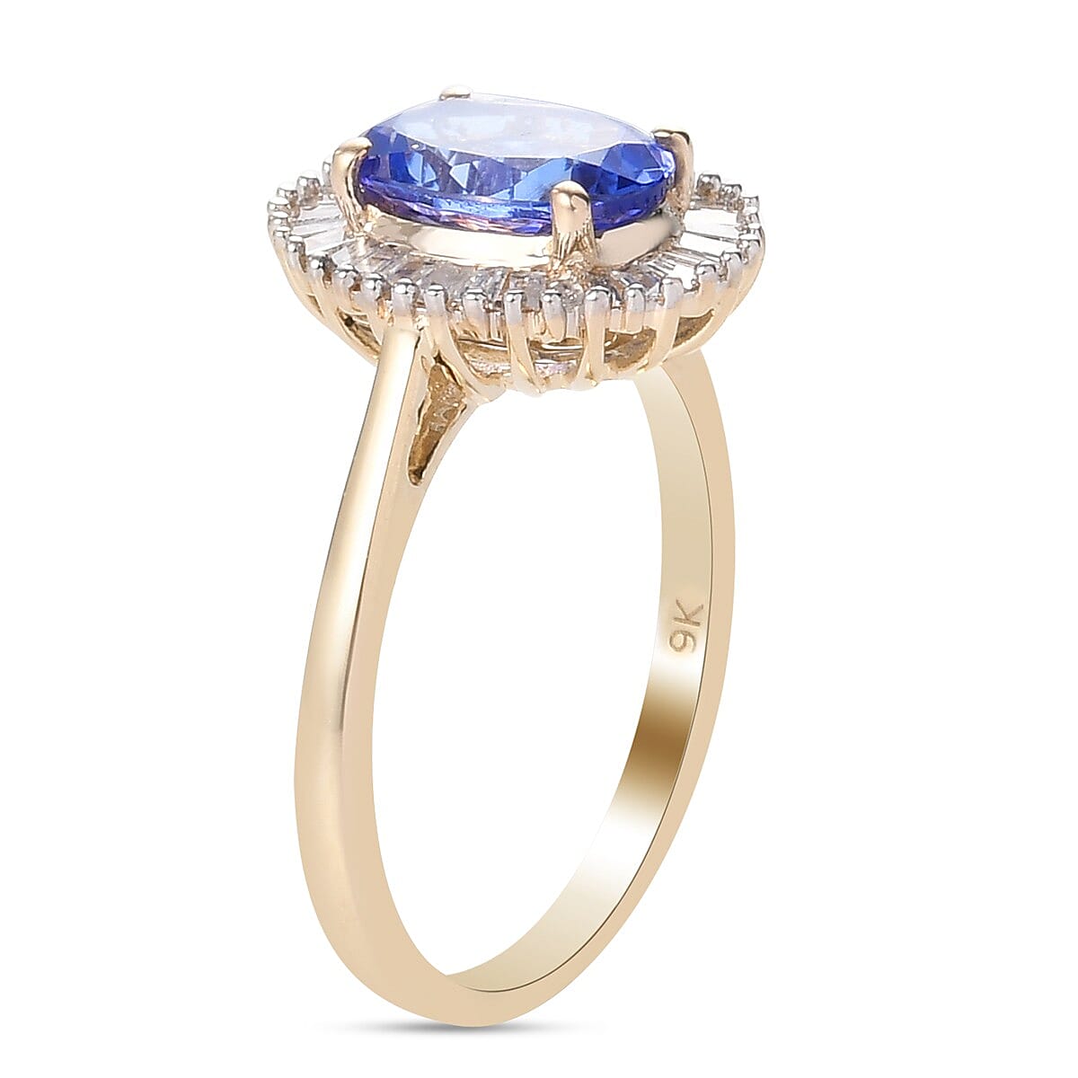 9K Yellow Gold Tanzanite and Diamond Halo Ring 1.75 Ct.