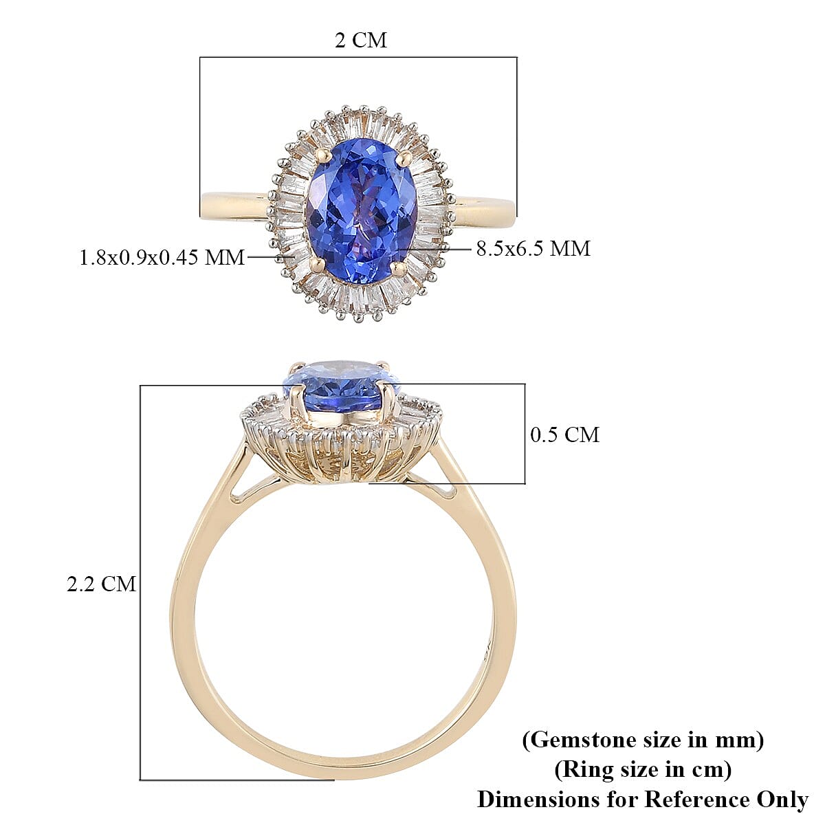 9K Yellow Gold Tanzanite and Diamond Halo Ring 1.75 Ct.