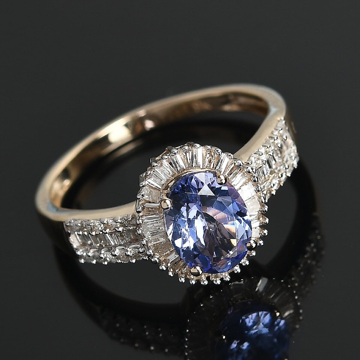 9K Yellow Gold Tanzanite and Diamond Halo Ring 1.60 Ct.
