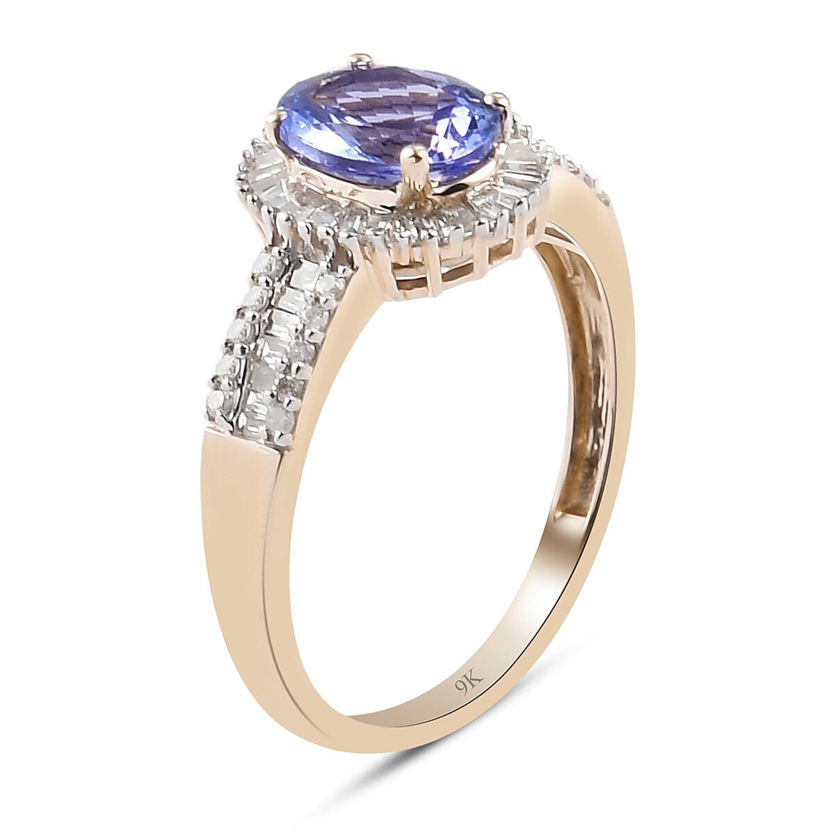 9K Yellow Gold Tanzanite and Diamond Halo Ring 1.60 Ct.