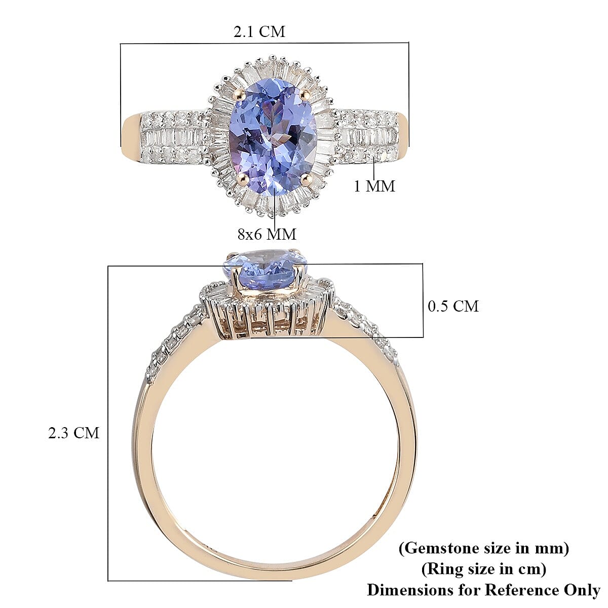9K Yellow Gold Tanzanite and Diamond Halo Ring 1.60 Ct.