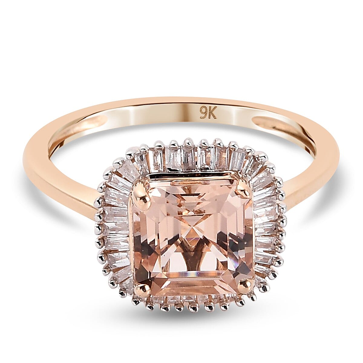 9K Rose Gold AA Marropino Morganite (Asscher Cut ) and Diamond Halo Ring 2.05 Ct.