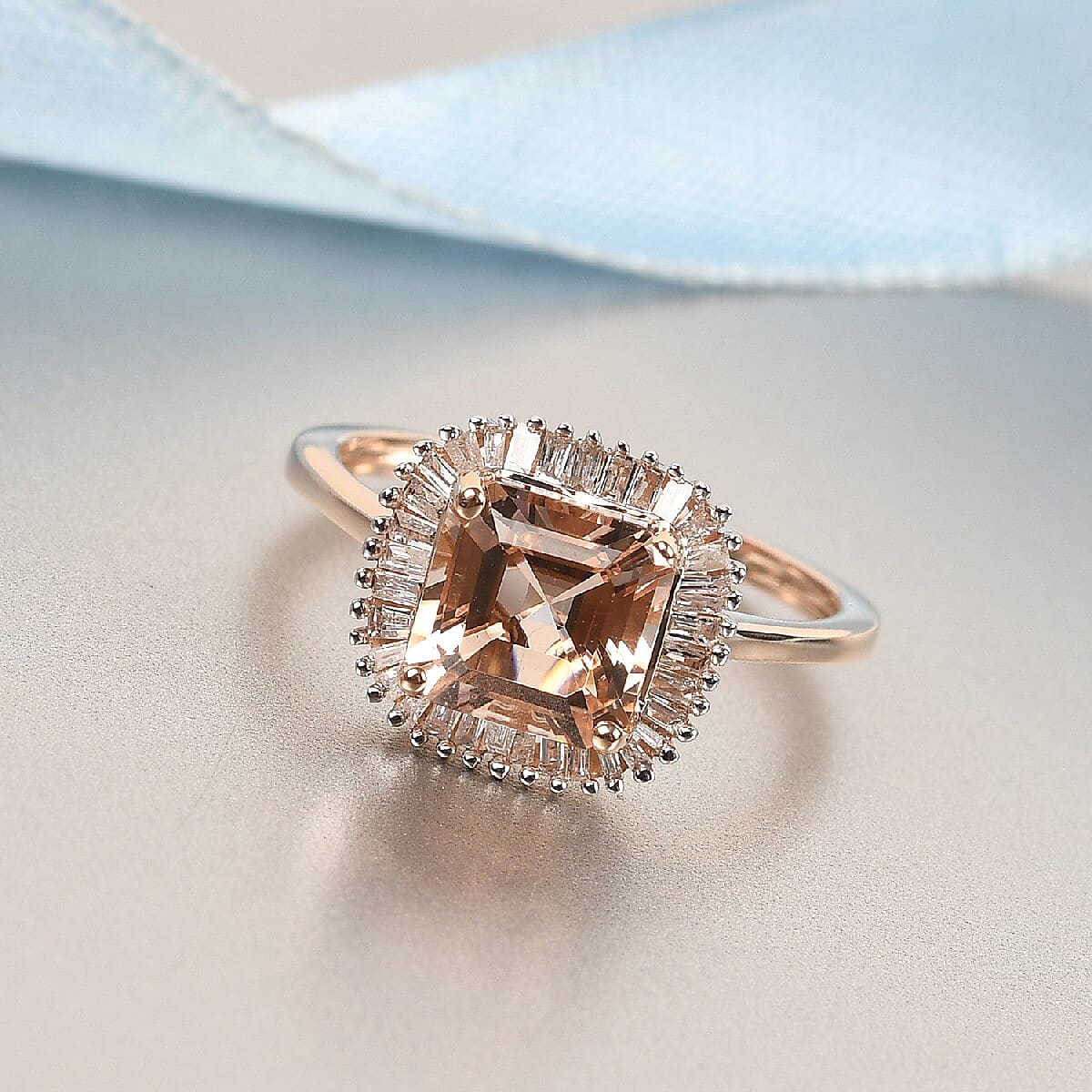 9K Rose Gold AA Marropino Morganite (Asscher Cut ) and Diamond Halo Ring 2.05 Ct.
