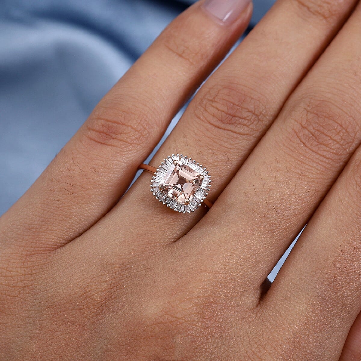 9K Rose Gold AA Marropino Morganite (Asscher Cut ) and Diamond Halo Ring 2.05 Ct.