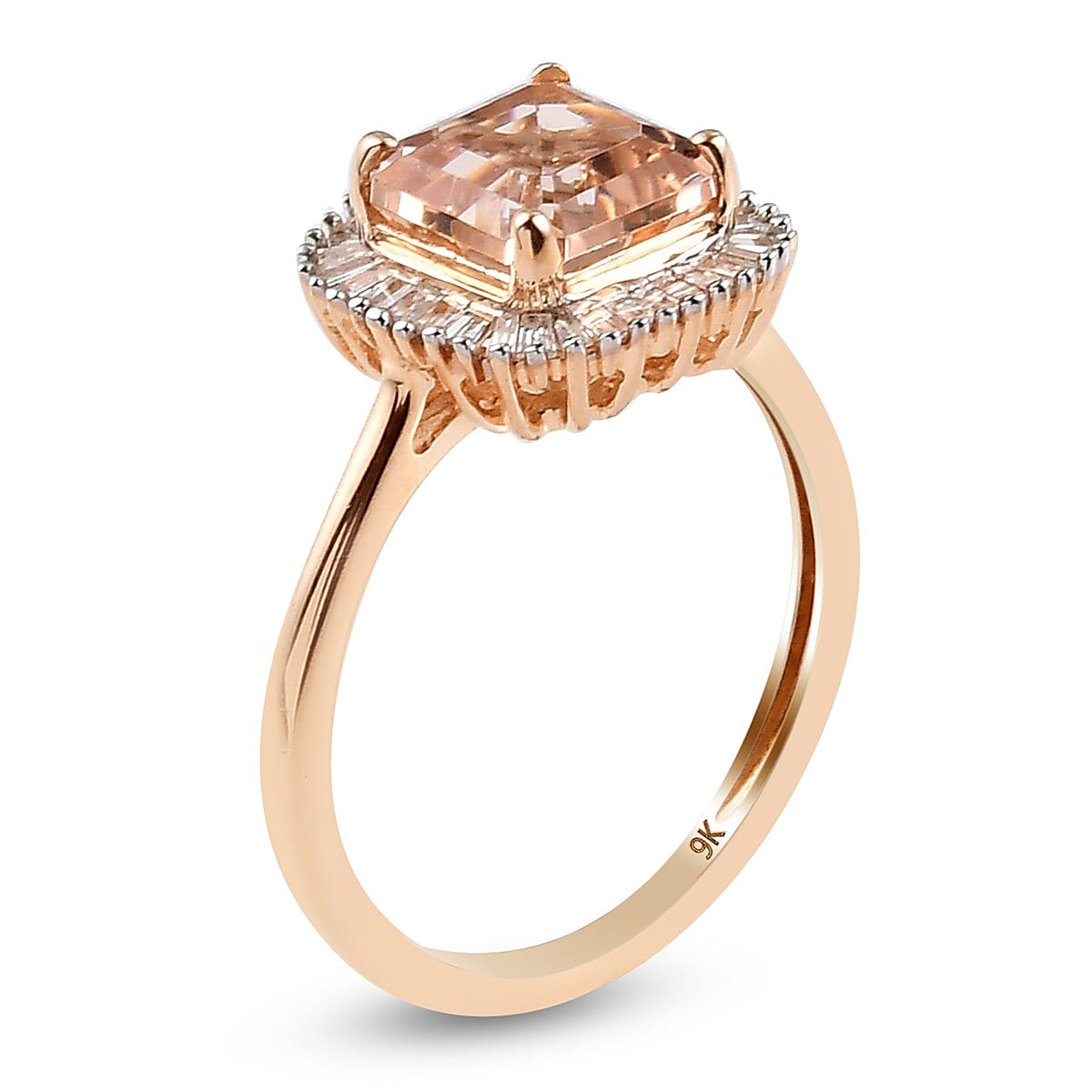 9K Rose Gold AA Marropino Morganite (Asscher Cut ) and Diamond Halo Ring 2.05 Ct.